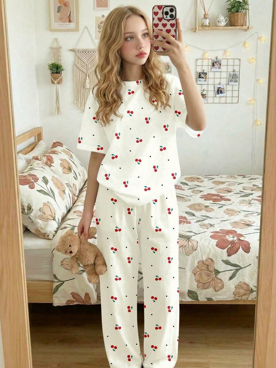 Mignon rétro doux mini cerise cœur imprimé motif, 2026 adolescente décontracté ample minimaliste col rond manches courtes pantalon pyjama ensemble, convient pour le printemps/été - Multicolore - View 1