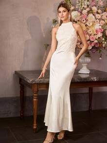 MOTF Soiréza WOMEN'S SOLID COLOR HALTER NECK 3D FLORAL PATCHWORK MERMAID HEM PARTY COCKTAIL DRESS, SPRING/SUMMER - Apricot - View 6