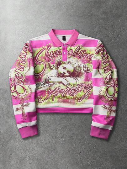 ROMWE MEN Street Life Herrtröja med lång ärm och bokstavs- och randmönster, polotröja i casual-modell