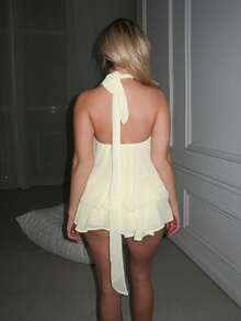 Turnttoni 女士雪纺优雅奶油黄露背系带迷你连衣裙，女士约会连衣裙，女士夜间外出连衣裙，女士夏季连衣裙，女士蜜月装。女士婚礼宾客连衣裙。海岛度假装，女士婚礼宾客连衣裙，女士太阳裙，优雅派对连衣裙，女士生日连衣裙 - 淡黃色 - 查看 3