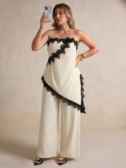 Elegantrix Plus Size Women Contrast Lace Asymmetric Hem Tube Top And Straight Leg Pants Set, Casual Vacation Outfit For Spring/Summer