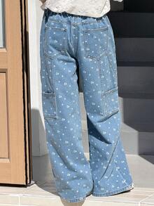 DAZY Tween Girls' Ditsy Floral Pocket Loose Wide Leg Casual Jeans - Blue - View 3