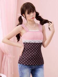 ROMWE Kawaii Crochet Contrast Lace Pink Sweet Heart Women Camisole - Multicolor - View 2
