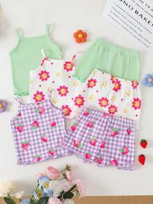 SHEIN Playful Pals 女婴舒适百搭甜美可爱吊带短裤套装，多件套夏季服装 - 彩色 - 查看 1