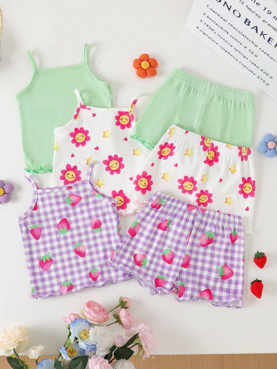 SHEIN Playful Pals 女婴舒适百搭甜美可爱吊带短裤套装，多件套夏季服装 - 彩色 - 查看 1