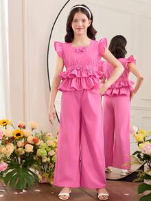 SHEIN Tween Girl Elegant Solid Magenta Woven Cap Sleeve Shirt And Pants Set, Casual - Pink - View 3