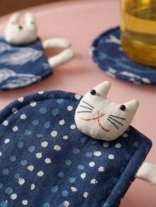 Joivida 1pc Hand-Dyed Kitten And Rabbit Coasters, Hand-Dyed Plant Blue-Dyed Fabric Coasters, Dry Tea Tray Coasters, Tea Ceremony Gongfu Tea Set Accessories - Multicolor - View 2