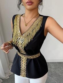 Elenzga Women's Elegant V-Neck Blouse With Luxurious Gold Tassel Trim, Loose Fit With Waist Belt, Suitable For Spring/Summer - Black - View 8