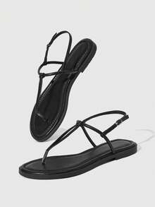HighSole 女士平底凉鞋，趾带设计，舒适百搭，适合春夏户外/室内穿着，简约时尚，适合度假、日常通勤，优雅复古风。 - 黑色 - 查看 3