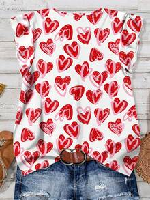 EMERY ROSE 女士情人节红白爱心印花V领短袖修身衬衫，休闲衬衫，适合约会、外出、度假、散步、周年纪念、夏季穿着，红色女士衬衫 - 彩色 - 查看 4