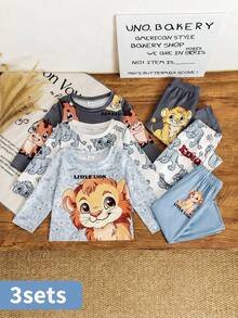 SHEIN 3件套男童卡通狮子印花长袖套装，活力风格儿童休闲服，适合所有季节 - 藍色 - 查看 1