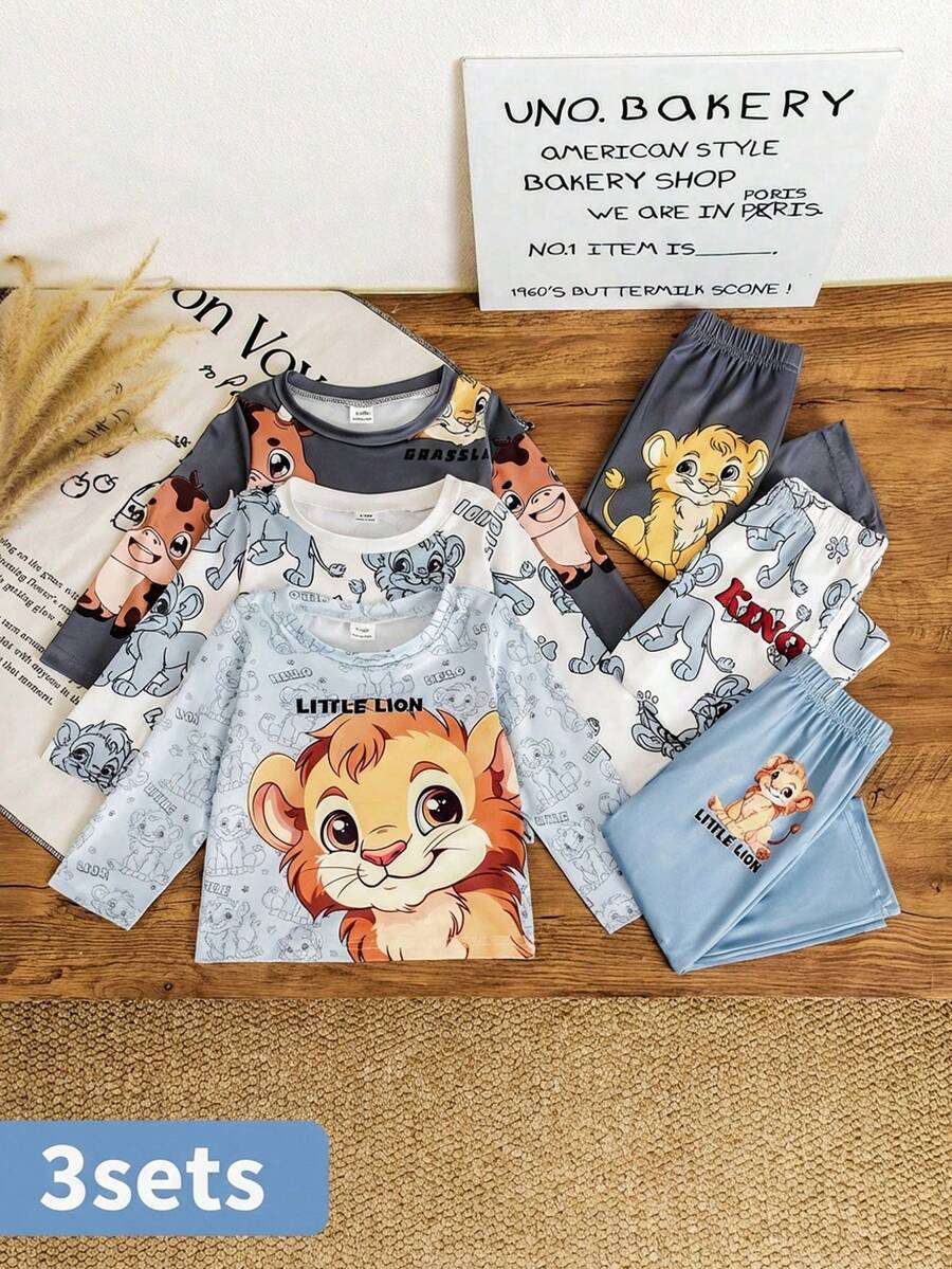 SHEIN 3件套男童卡通狮子印花长袖套装，活力风格儿童休闲服，适合所有季节 - 藍色 - 查看 1