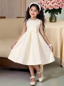 SHEIN Summer 7th Birthday Ivory Princess Two Pieces Solid Satin Dress With Bow,High-End Embellished Jacquard Formal Party Dresses For Girls And Children - Multicolor - View 6