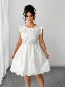 Elenzga Plus Size Fashion Round Neck Embroidered Hollow-Out Fabric Waist Slimming Ruffle Sleeve Dress, Sweet Ruffle Sleeve Fashionable Versatile Elegant Vacation Style Floral Dress, Suitable For Daily Wear, Weekend Outings Or Shopping, Beach Vacation Or By The Pool, Summer Parties, Garden Gatherings - White - View 8