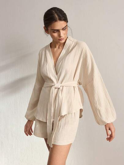 Ocili Women's Solid Color V-Neck Twist Waist Design Lantern Sleeve Top And Shorts Casual Loungewear Set