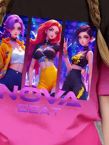 2pcs/Set Ombre Pink Cartoon Girl Graphic Tee And Shorts, Casual K-Pop Inspired Summer Outfit For Tweens - Multicolor - View 5