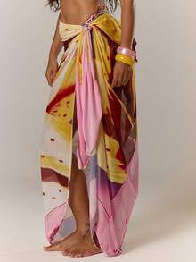 Musera Resort 网纱透视花卉印花系带长款沙滩裙罩衫泳装度假夏季波西米亚风可爱性感简约优雅披肩休闲沙滩裹裙旅行日常花卉派对 - 粉色 - 查看 4