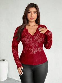 Firerie Top elegant casual mărimă mare, cu dantelă, decolteu în V, mânecă lungă, elastic, versatil pentru purtare zilnică și vacanță, primăvară/toamnă - roșu - Vizualizare 4
