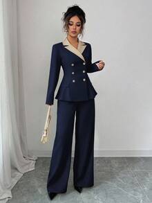 Elenzga Bộ vest dáng chữ A dài tay màu tương phản thanh lịch dành cho nữ, thích hợp mặc hàng ngày, đi làm và nhiều dịp khác nhau, mùa xuân/thu - Màu xanh hải quân - Xem 5