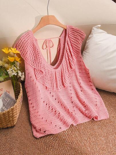 CosyJoli Plus Size Women Solid Color Hollow Out Ruffle Hem Sleeveless Knit Top