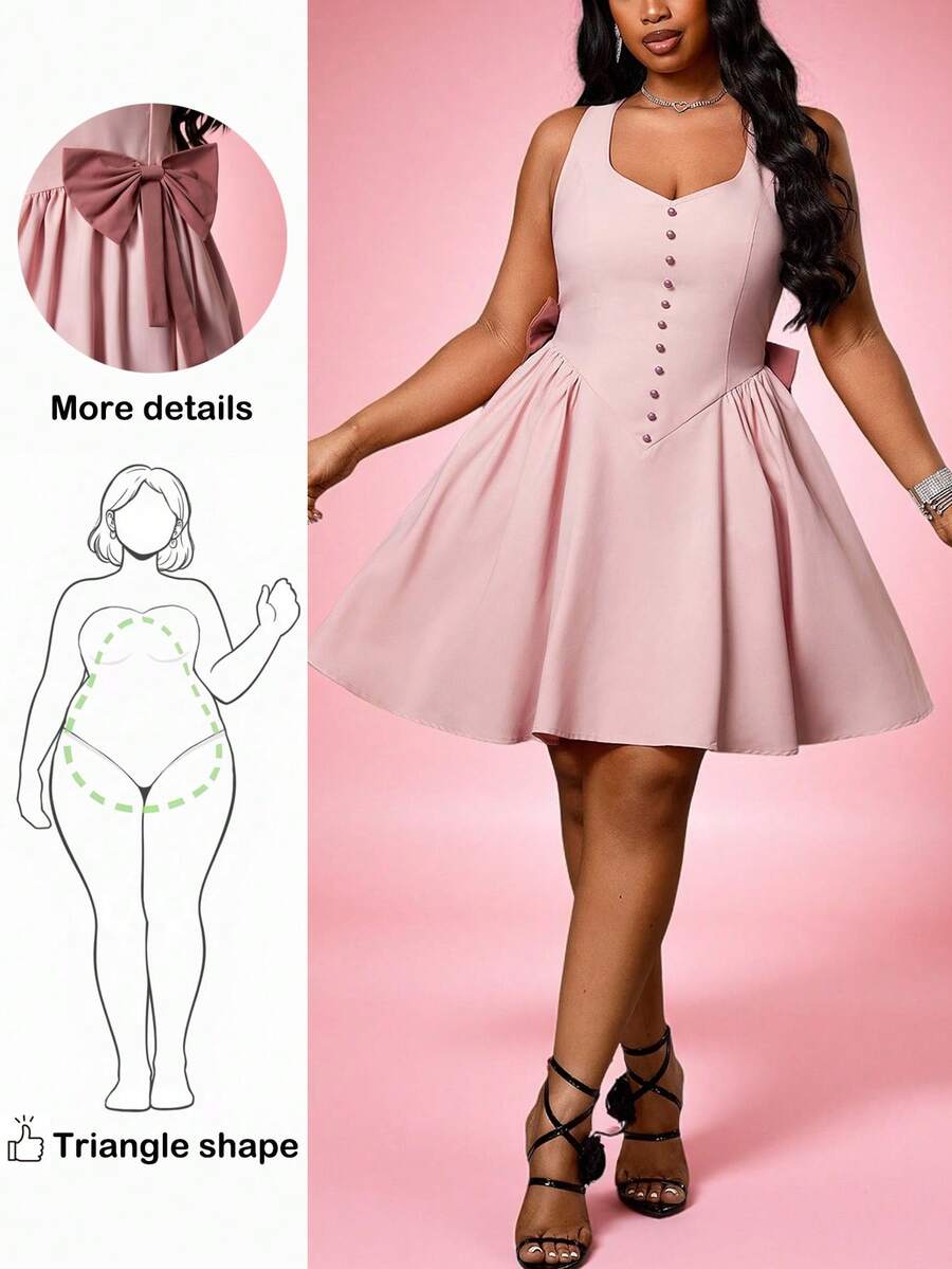 Truni Đầm hồng dáng suông thanh lịch dành cho nữ cỡ lớn, thắt eo, điểm nhấn nơ ở eo, thích hợp cho các buổi hẹn hò và tiệc tùng. - Hồng - Xem 1