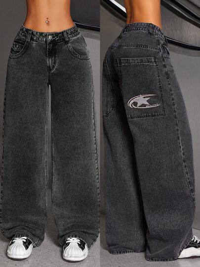 SHEIN ICON Damjeans med knappar framtill och fickor, vardagliga jeans med låg midja, raka ben och baggy-jeans för kvinnor