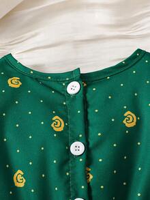 Baby Girls Unique Print Cute Puff Sleeve Dress - Green - View 5