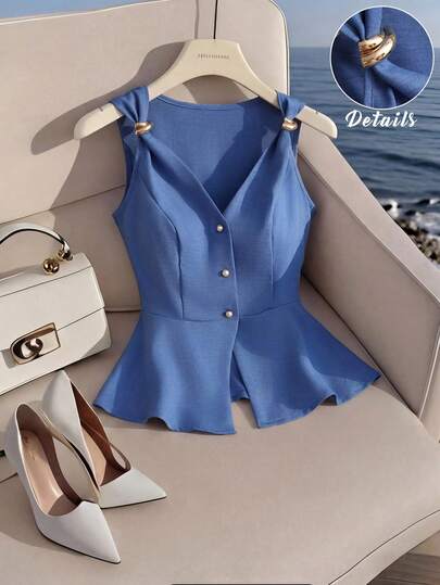 GlowEve New Minimalist Elegant Metal Buckle Design Waist Flattering V-Neck Sleeveless Tank Top For Women, Summer