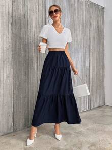 Firerie Women's Solid Color Minimalist Midi Skirt, Everyday Wear - Navy Blue - View 5