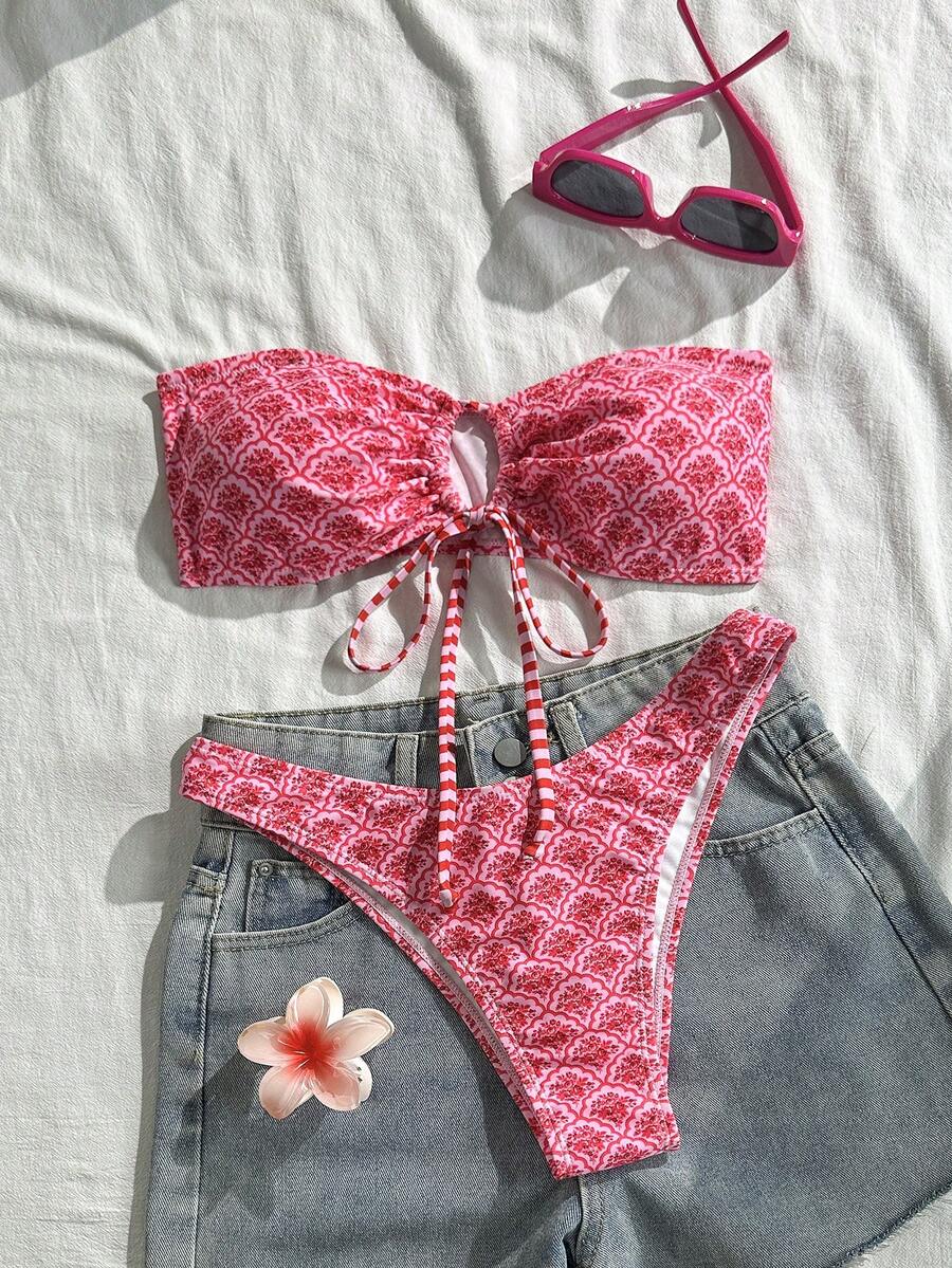 Swim Mod Women's Tropical Print Two Pieces Bikini Set, Casual Holiday Style - Multicolor - View 1