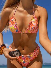 Swim Mod Women's New Ocean Pattern Ribbed Fabric Printed Seamless V-Neck Halter Backless Triangle Top And Triangle Bottoms Bikini Swimwear 2-Piece Set, Spring/Summer Colorful Bikini Bikini Set Vacation Beach Bikini Bikini Floral Western Swim Suits For Women - Multicolor - View 8