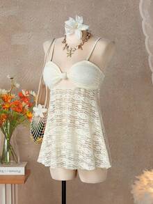 Bellisia Traje de baño de mujer con falda, de tela especial floral beige, para vacaciones y playa, primavera/verano 2022 - Beis - Ver 4