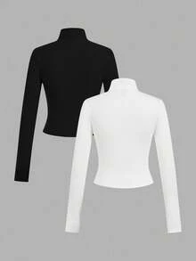 SHEIN EZwear 大码立领长袖修身拉链休闲T恤 - 黑與白 - 查看 2
