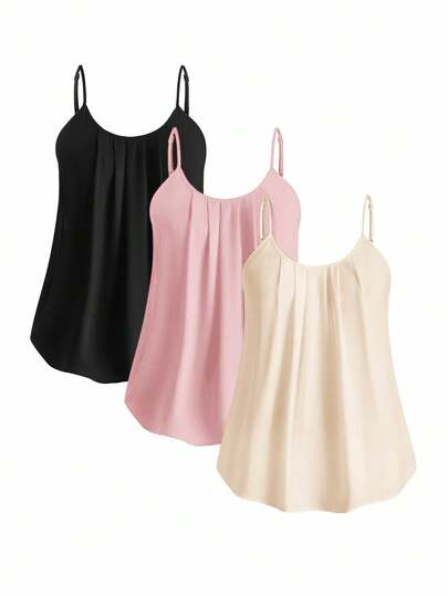 SHEIN Clasi 大码女士时尚优雅褶皱吊带背心，黑色、白色、粉色多件装