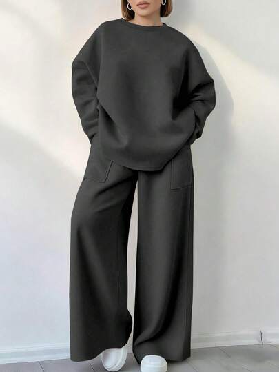 EMERY ROSE 两件套女士纯色圆领长袖上衣和阔腿裤休闲套装