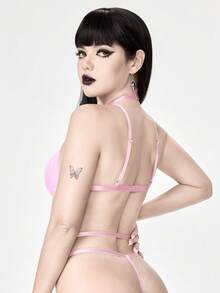 ROMWE Grunge Punk Dunkel Straßen Punk Rosa Punk PU Dreieck Cup BH & String Sexy Dessous Set