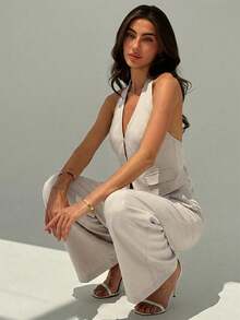 Aloruh Bộ đồ hai mảnh nữ kiểu dáng thanh lịch, hở lưng, chất liệu giả vải lanh, thích hợp cho đi làm hàng ngày và trang phục mùa hè. - Màu nâu  Mocha - Xem 7