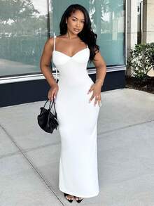 Alexandranx White Wedding Season Spaghetti Strap Floral Print Form-Fitting Backless Dress For Women,Summer Dresses For Women,White Dresses For Women - White - View 5