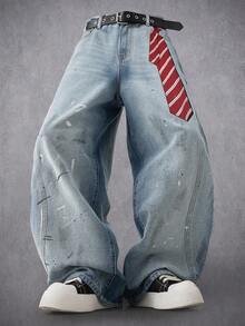 Manfinity Denimwave 男士手绘印花阔腿牛仔裤 - 淺色水洗藍 - 查看 1