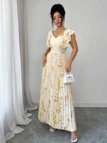 Elenzga Elegant Romantic V-Neck Ruffle Waist A-Line Dress For Women, Spring/Summer - Apricot - View 6