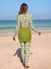 Swim Mulvari Set de 3 piezas de bikini de playa de verano para mujer, parte superior de manga larga con cremallera y estampado aleatorio, pantalón largo + falda con decoración metálica de unicolor, traje de baño modesto de resort para mujeres, conjunto de vacaciones de verano para mujeres, traje de baño modesto para mujeres - Multicolor - Ver 2