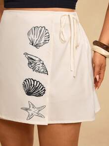 Travachic 大码女式裹身侧系带彩色植物剪影印花度假沙滩短裤，浪漫花卉宽松阔腿裤，情人节，夏季女装，沙滩，夏季女装，超短短裤，春季女装，夏季假期沙滩女装，贝壳和海星印花夏季短裙 - 杏色 - 查看 7