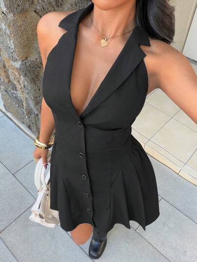 SHEIN HypeZone Women's Summer Black Sleeveless V-Neck Backless Tie-Waist Flared Mini Dress