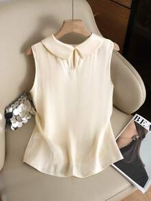 GlowEve Women's Elegant Pleated Collar Sleeveless Blouse With Pearlescent Fabric, Spring/Summer - Apricot - View 2