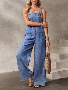 EMERY ROSE Women's Casual Everyday Loose Fit Denim Bib Overalls With Pockets, Summer - Blue - View 1