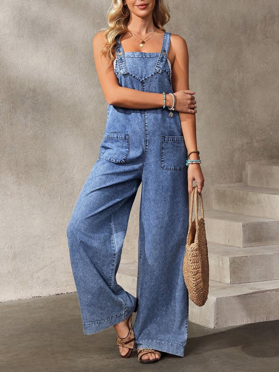 EMERY ROSE Women's Casual Everyday Loose Fit Denim Bib Overalls With Pockets, Summer - Blue - View 1
