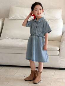 DAZY Young Girl' Denim Collared Short Sleeve Dress - Blue - View 6