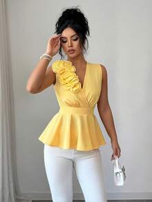 Elenzga Women's Sleeveless V-Neck Ruched Waist Blouse With 3D Floral Applique, Elegant A-Line, Yellow, Spring/Summer - Yellow - View 5