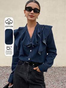 DAZY Women's Casual V-Neck Ruffled Denim Blouse