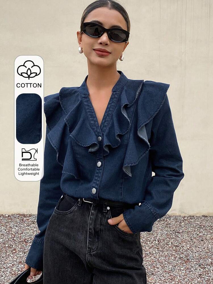Women's Casual V-Neck Ruffled Denim Blouse